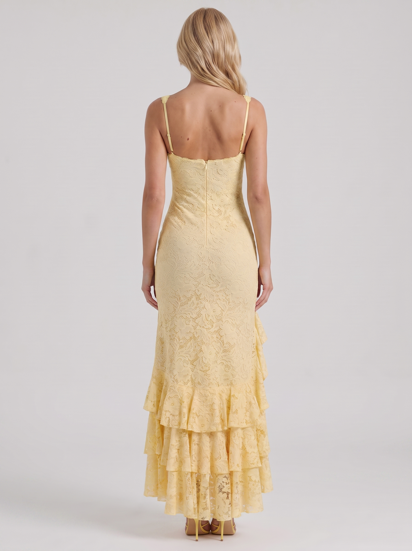 Women butter yellow lace puff sleeve maxi dress, back view
