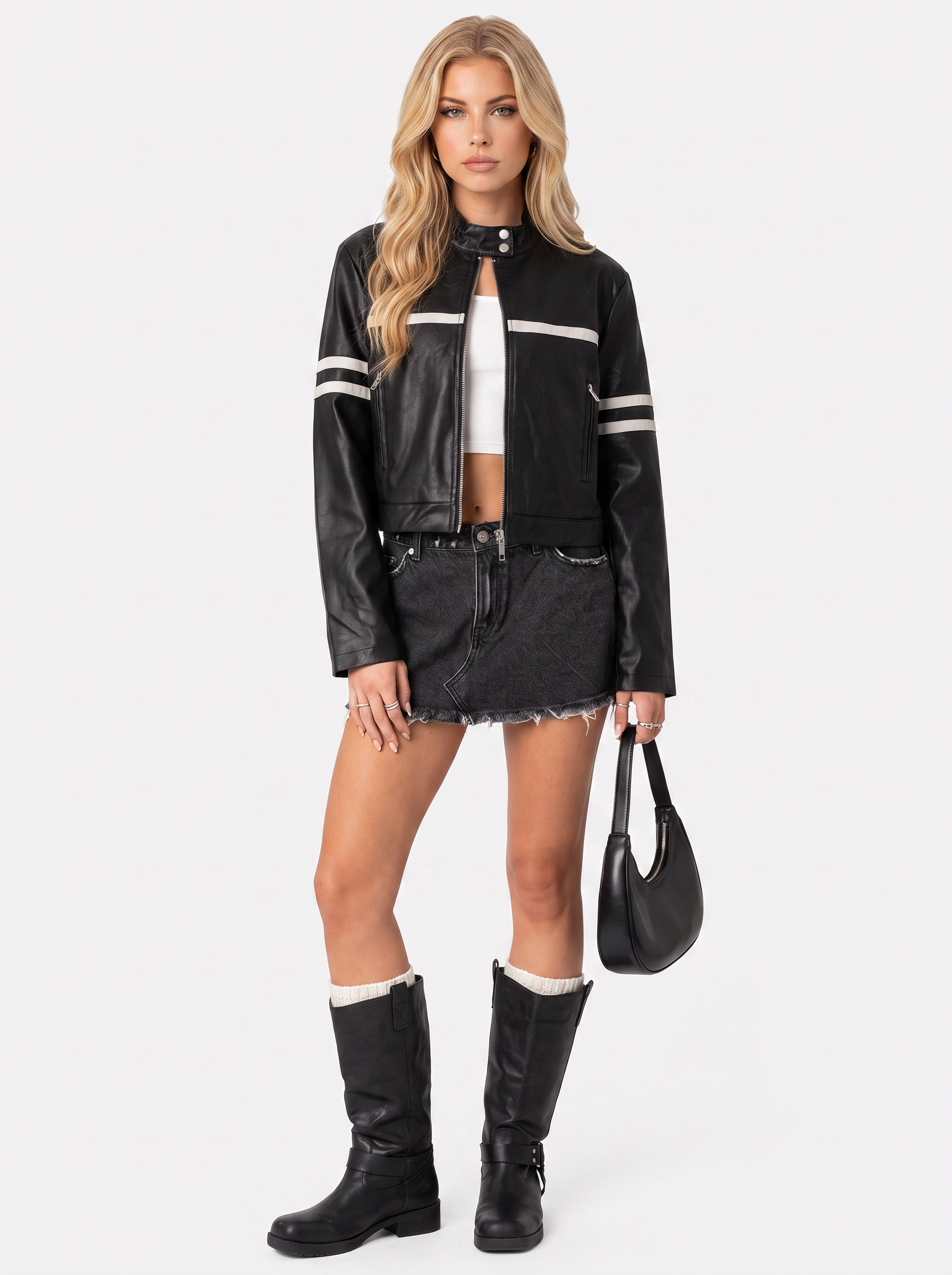 Women black cropped faux leather racer jacket with contrast chest and sleeve stripes, front view
