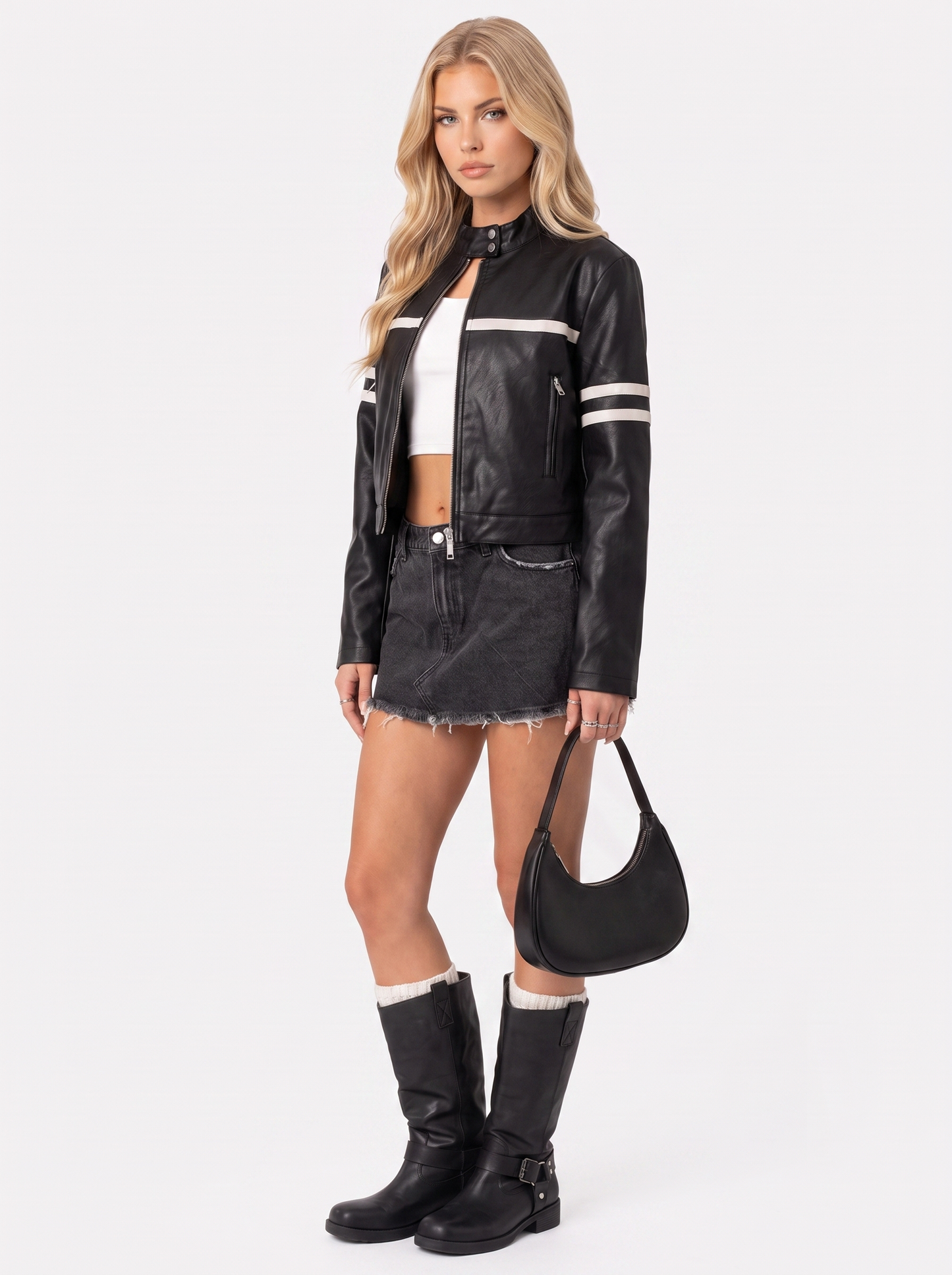 Women black cropped faux leather racer jacket with contrast chest and sleeve stripes, three quarter view