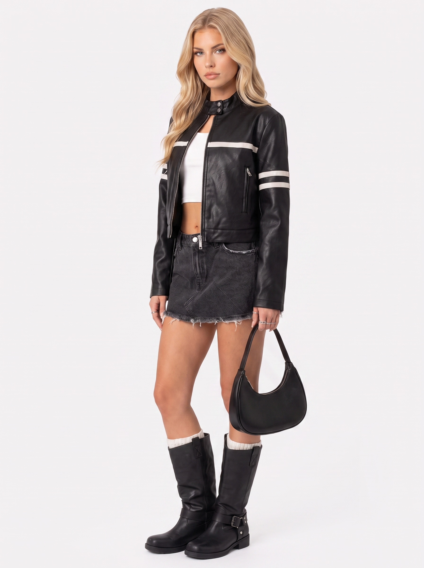 Women black cropped faux leather racer jacket with contrast chest and sleeve stripes, three quarter view