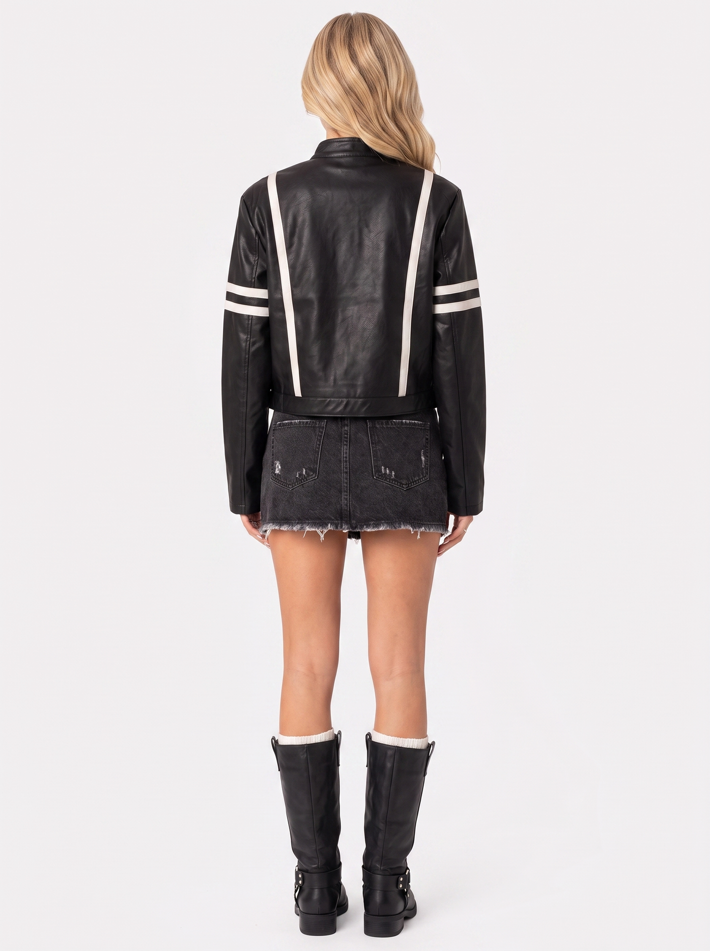 Women black cropped faux leather racer jacket with contrast chest and sleeve stripes, back view