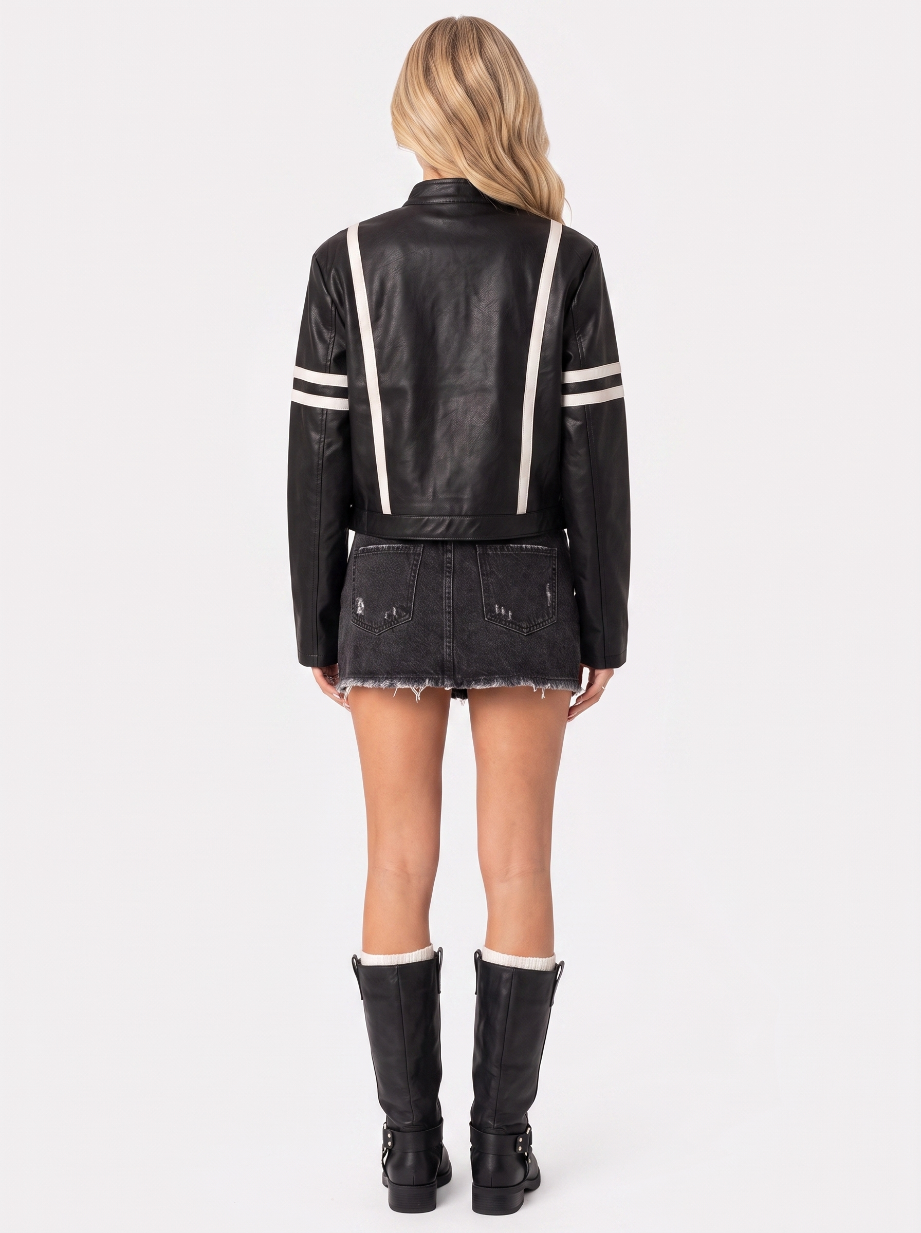 Women black cropped faux leather racer jacket with contrast chest and sleeve stripes, back view