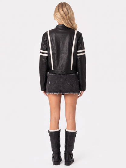 Women black cropped faux leather racer jacket with contrast chest and sleeve stripes, back view