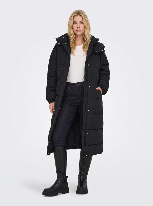 Women black longline hooded puffer coat with horizontal quilting and zip front, front view