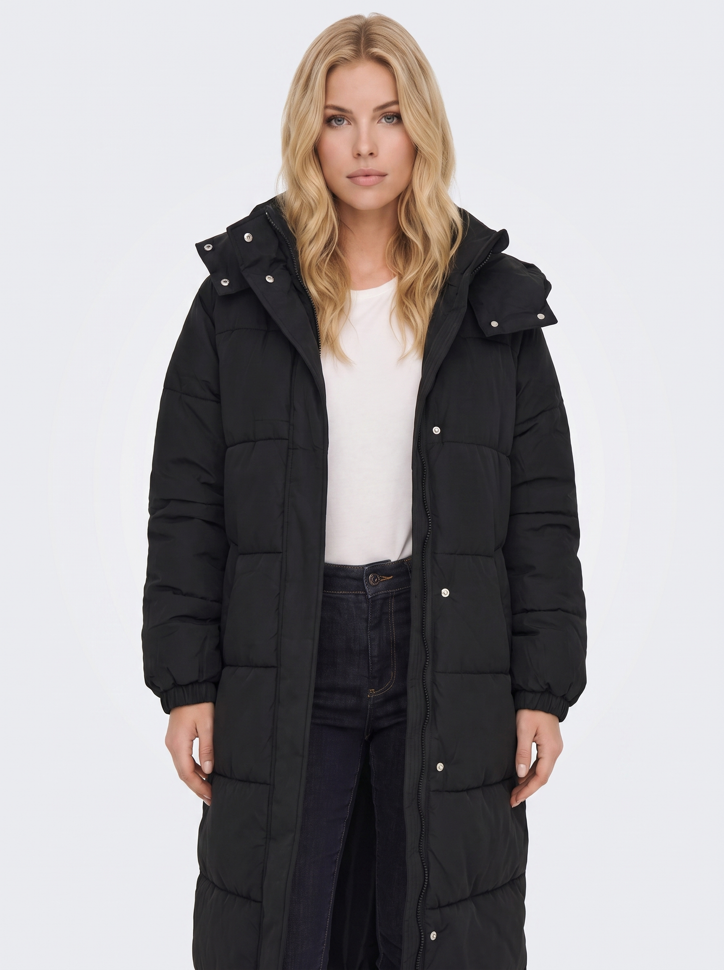 Women black longline hooded puffer coat with horizontal quilting and zip front, front detail