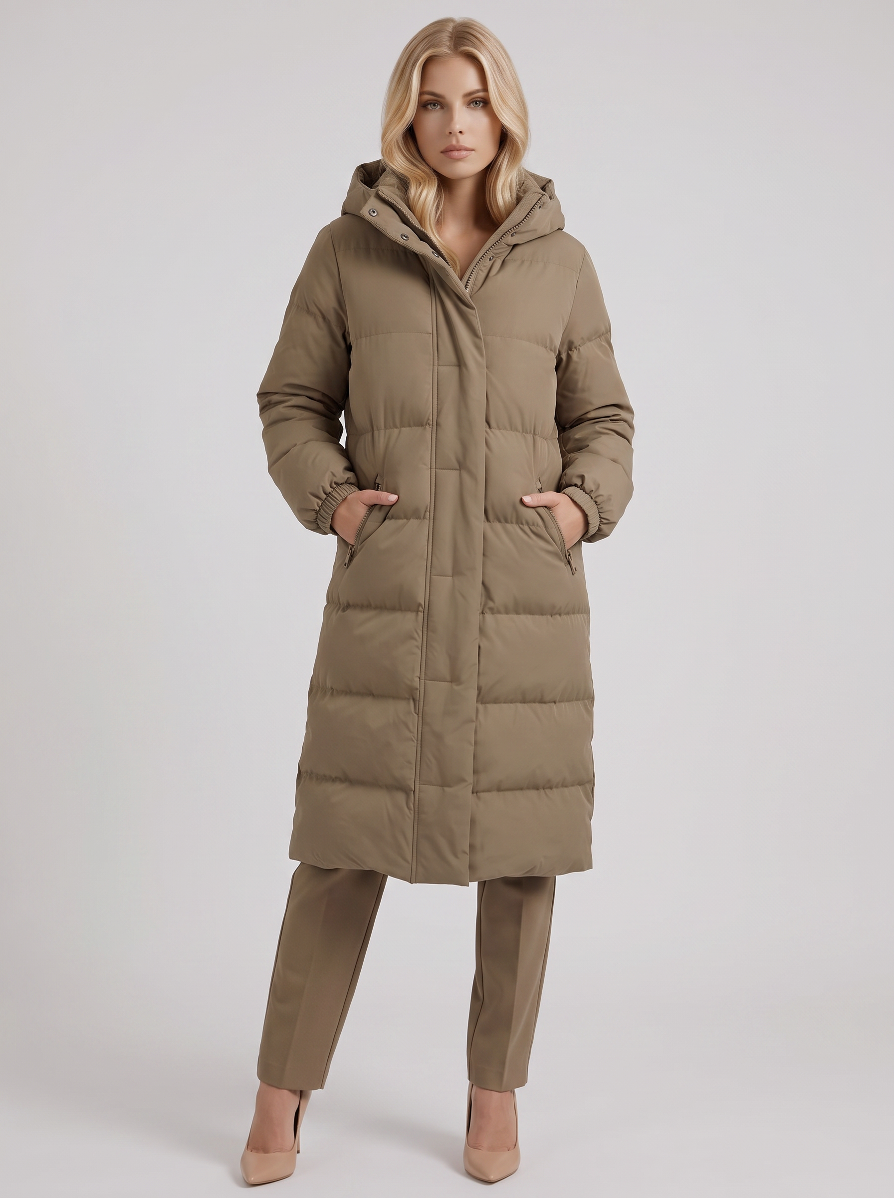 Women brown longline hooded puffer coat with horizontal quilting and zip front, front view