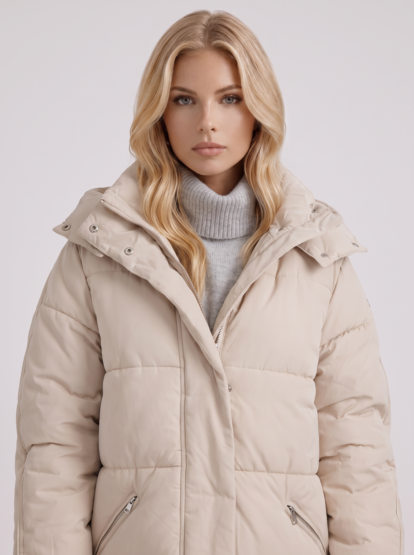 Women brown longline hooded puffer coat with horizontal quilting and zip front, front detail