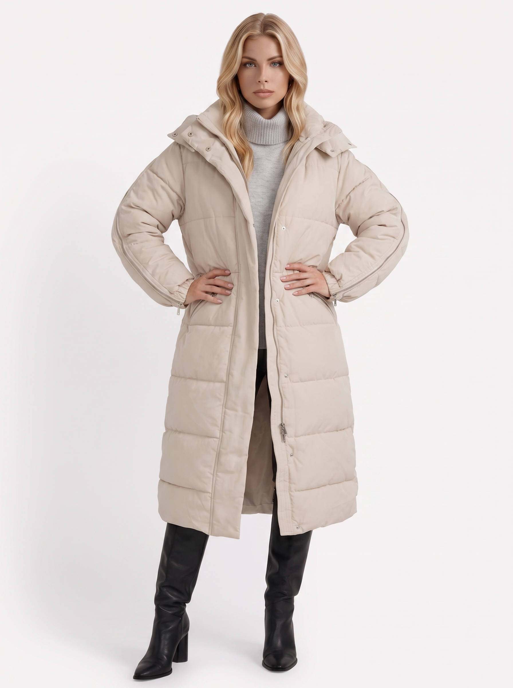 Women brown longline hooded puffer coat with horizontal quilting and zip front, three quarter view