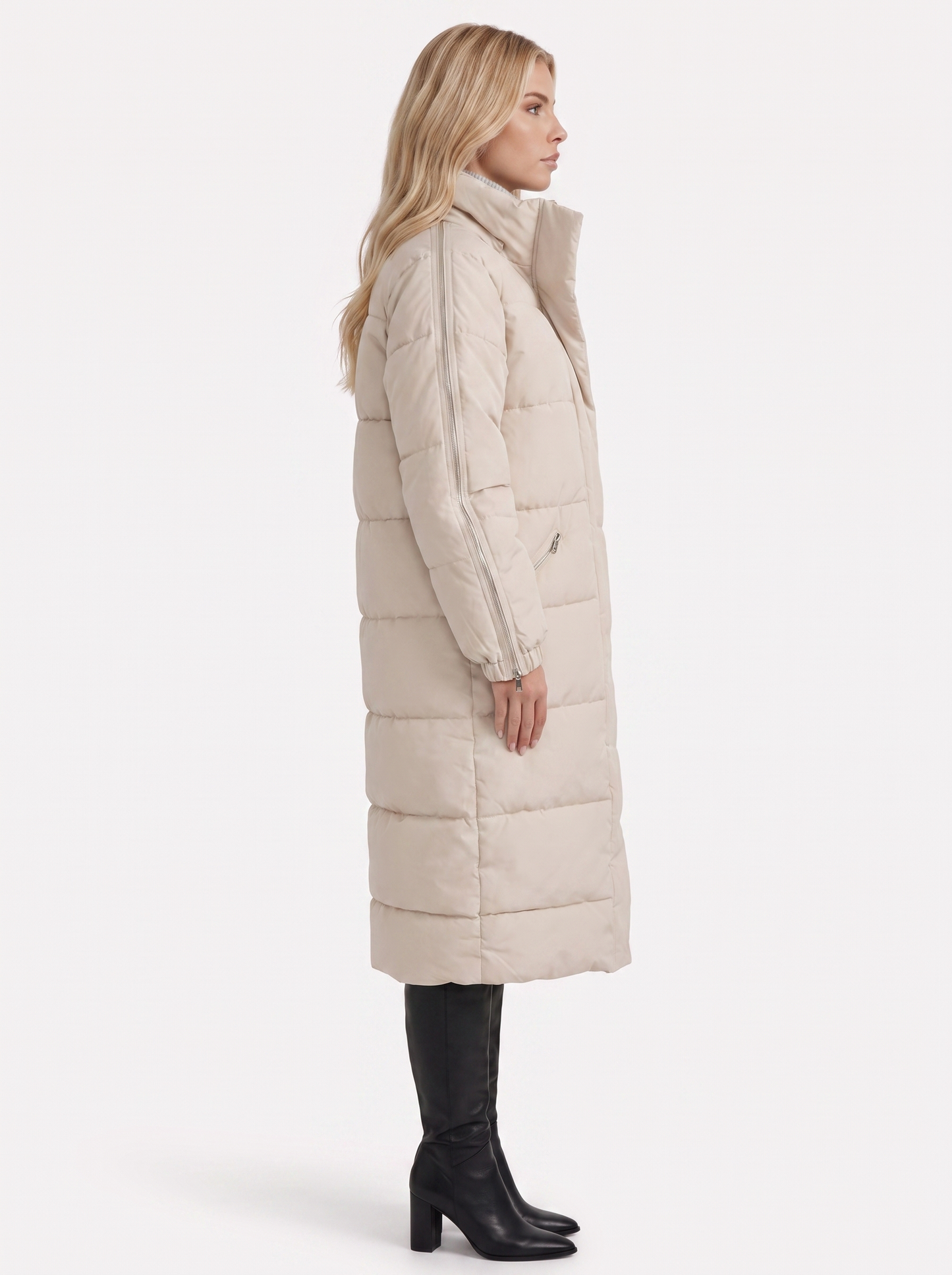 Women brown longline hooded puffer coat with horizontal quilting and zip front, side view