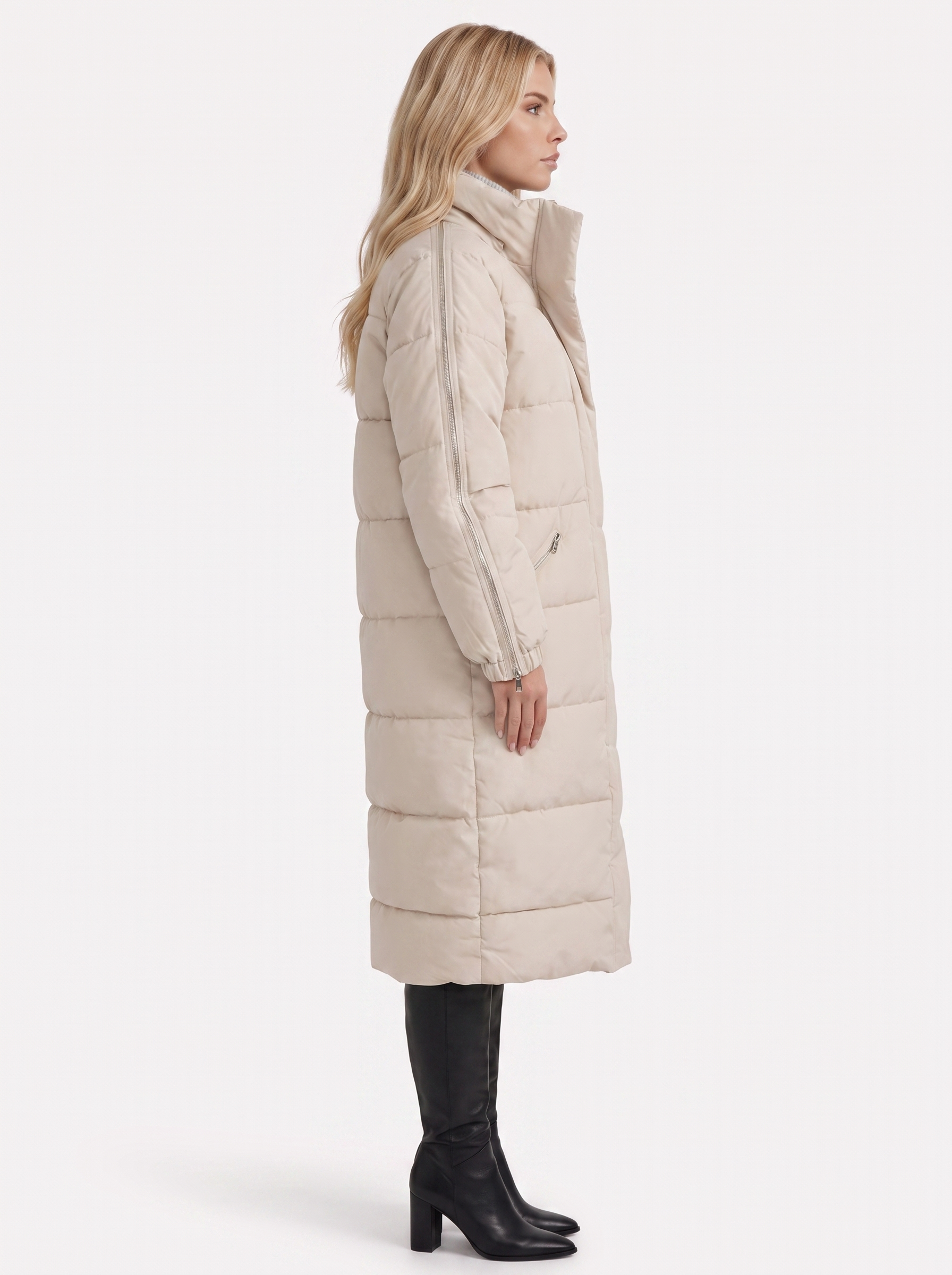 Women brown longline hooded puffer coat with horizontal quilting and zip front, side view