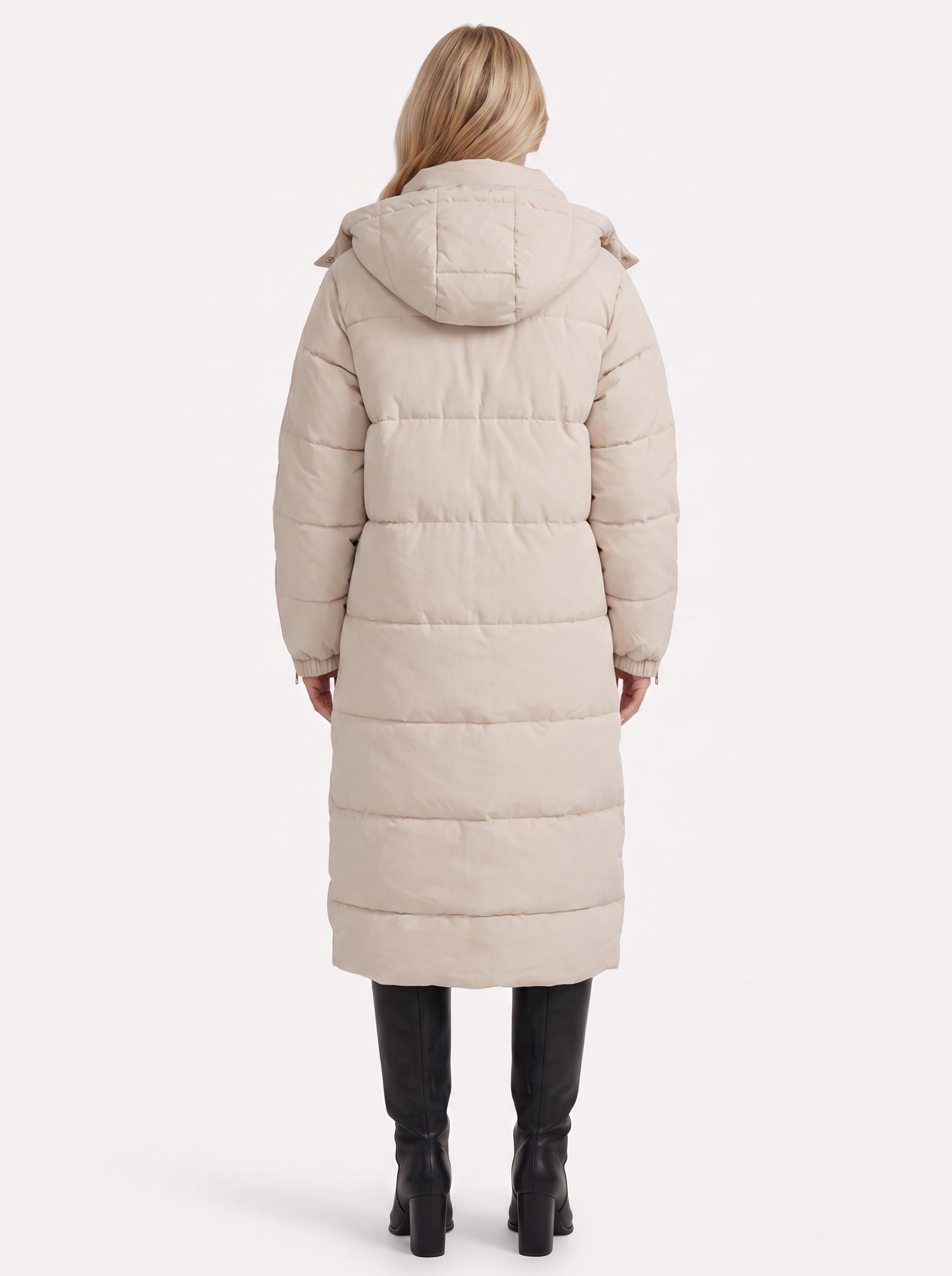 Women brown longline hooded puffer coat with horizontal quilting and zip front, back view
