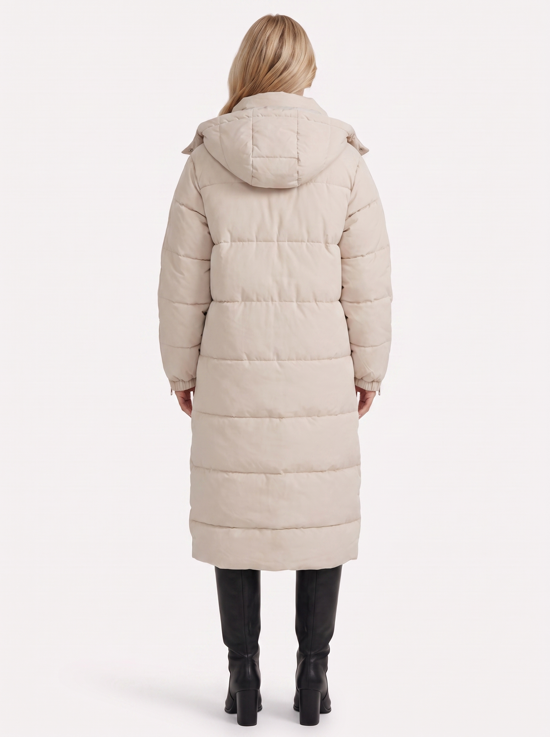 Women brown longline hooded puffer coat with horizontal quilting and zip front, back view
