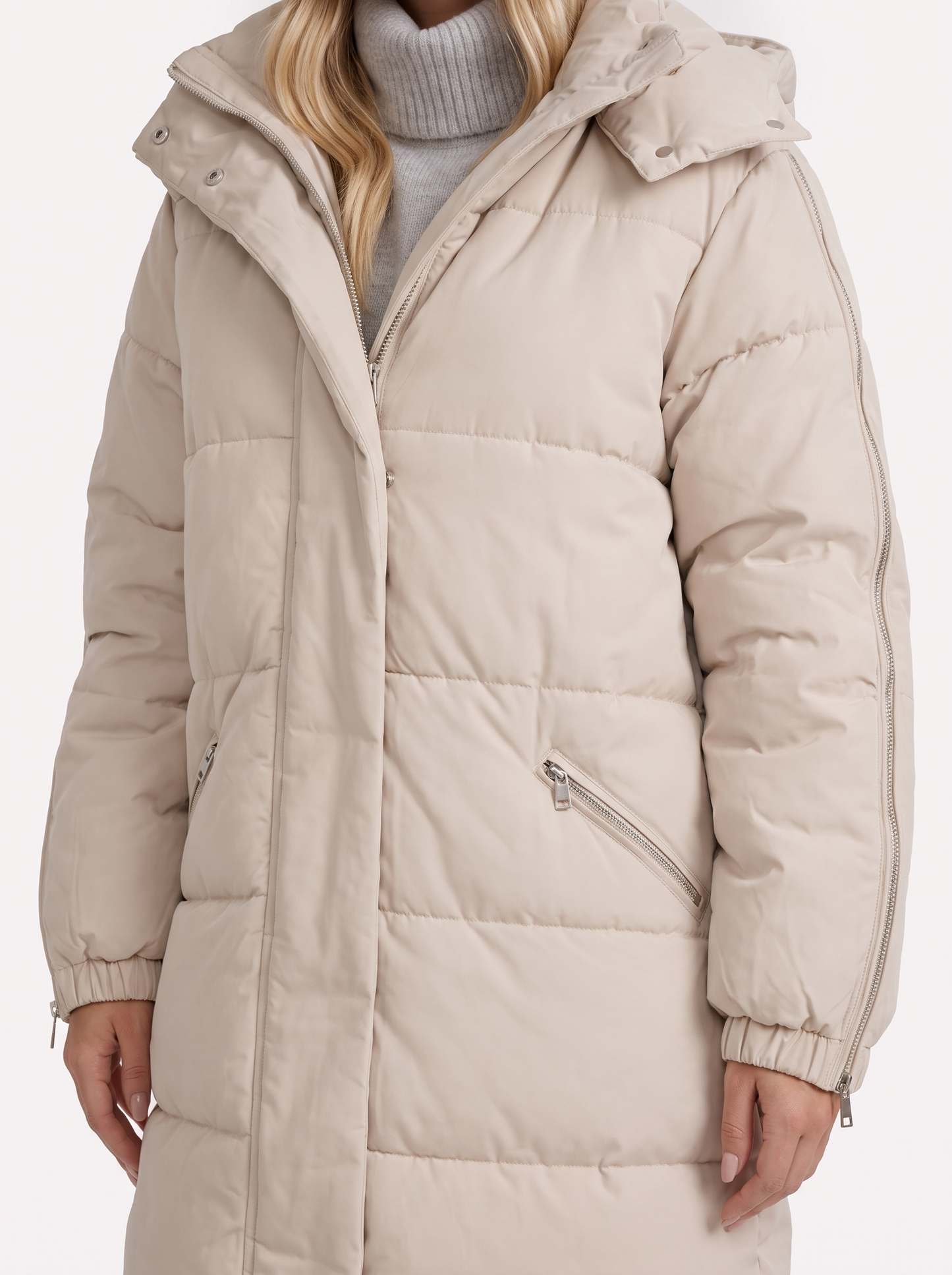 Women brown longline hooded puffer coat with horizontal quilting and zip front, fabric closeup
