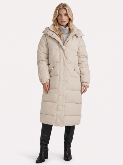 Women white longline hooded puffer coat with horizontal quilting and zip front, front view