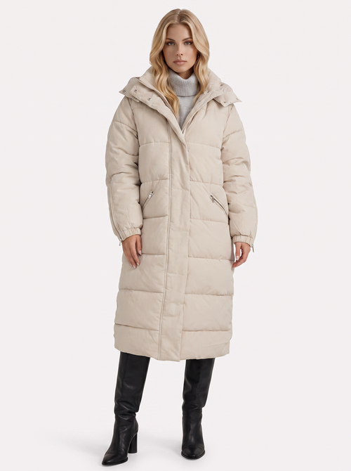 Women white longline hooded puffer coat with horizontal quilting and zip front, front view