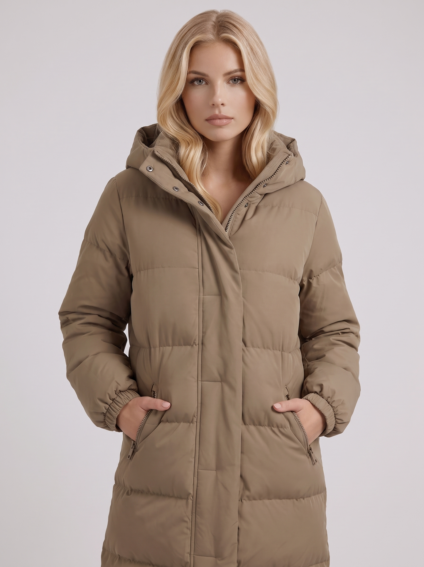 Women white longline hooded puffer coat with horizontal quilting and zip front, front detail