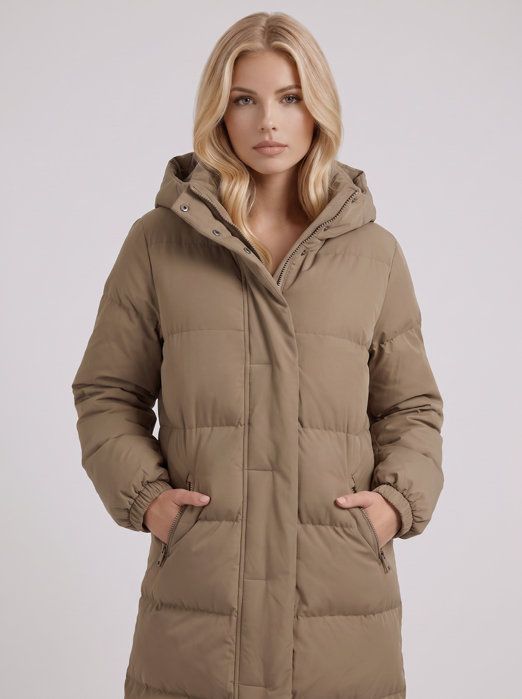 Women white longline hooded puffer coat with horizontal quilting and zip front, front detail