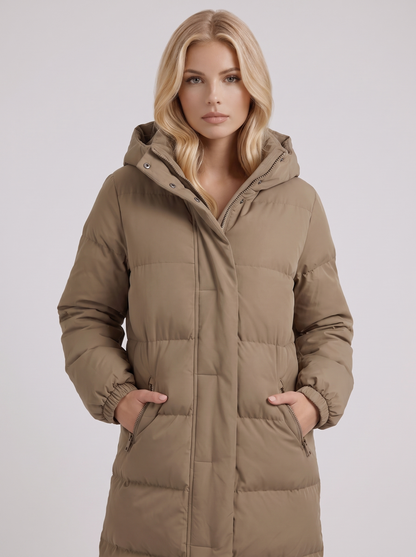 Women white longline hooded puffer coat with horizontal quilting and zip front, front detail