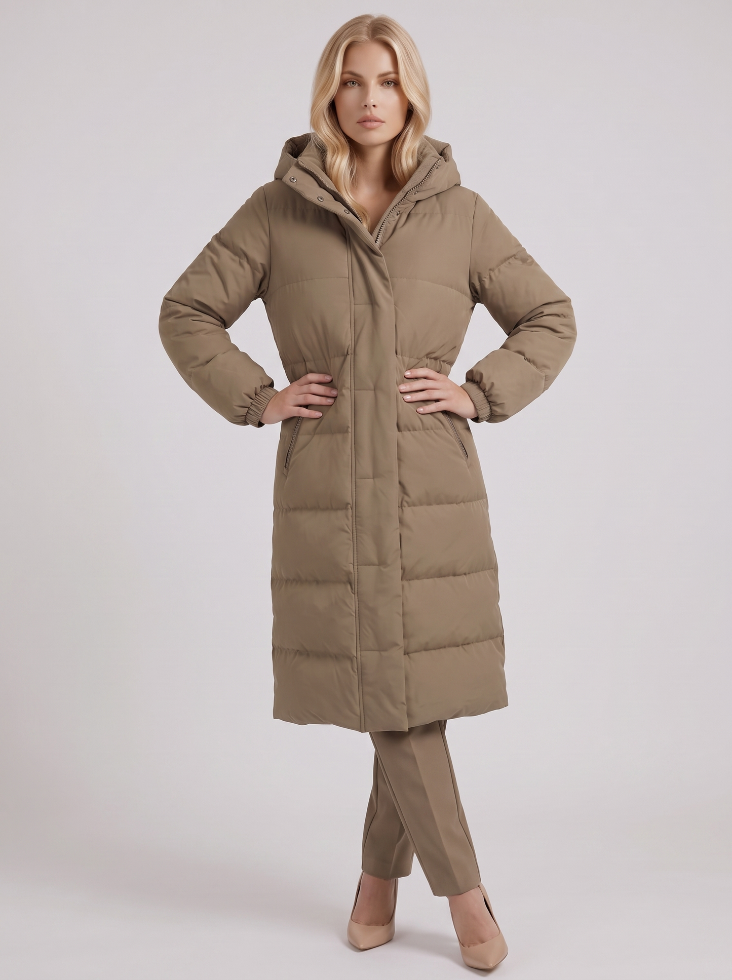 Women white longline hooded puffer coat with horizontal quilting and zip front, three quarter view