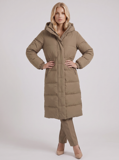 Women white longline hooded puffer coat with horizontal quilting and zip front, three quarter view
