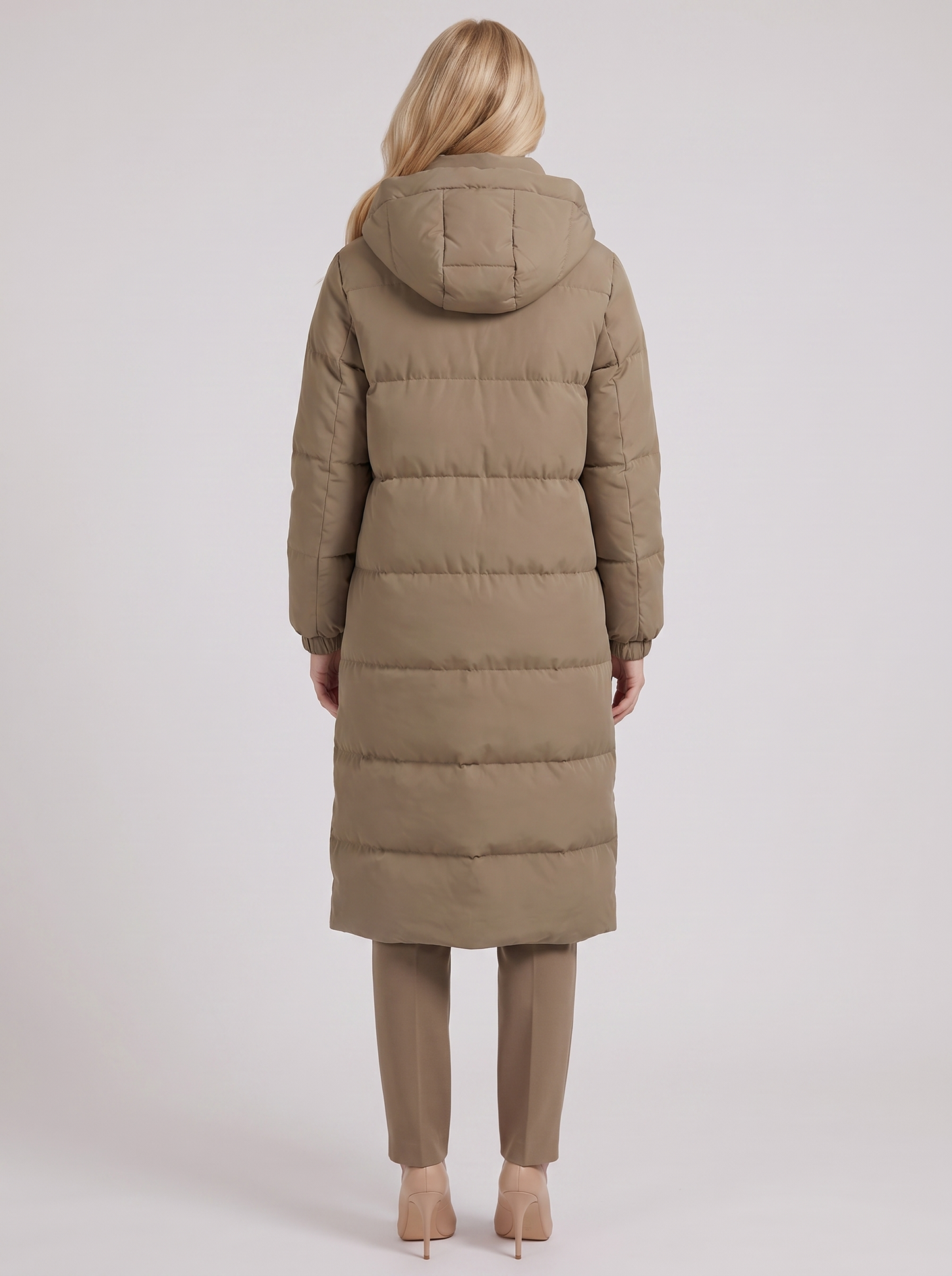 Women white longline hooded puffer coat with horizontal quilting and zip front, back view