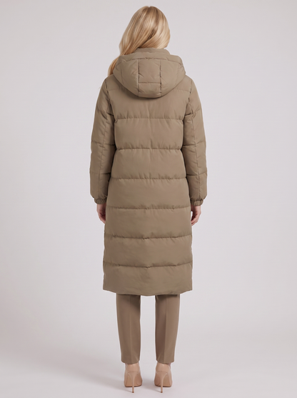 Women white longline hooded puffer coat with horizontal quilting and zip front, back view
