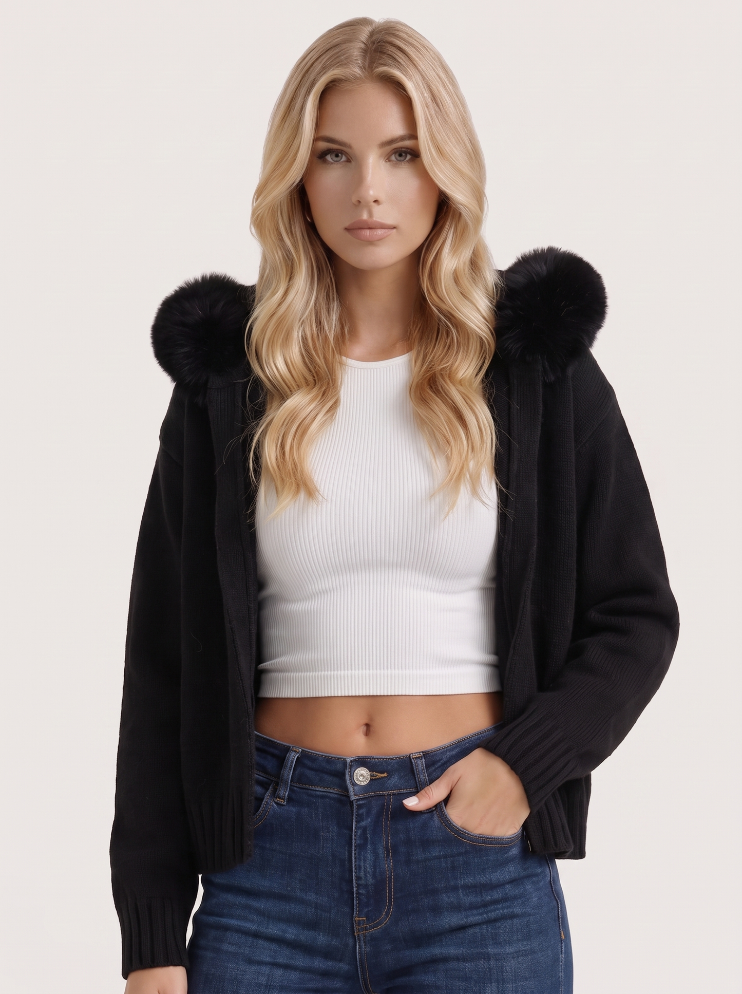 Women black hooded rib knit cardigan with faux fur pompom ties and open front, front detail