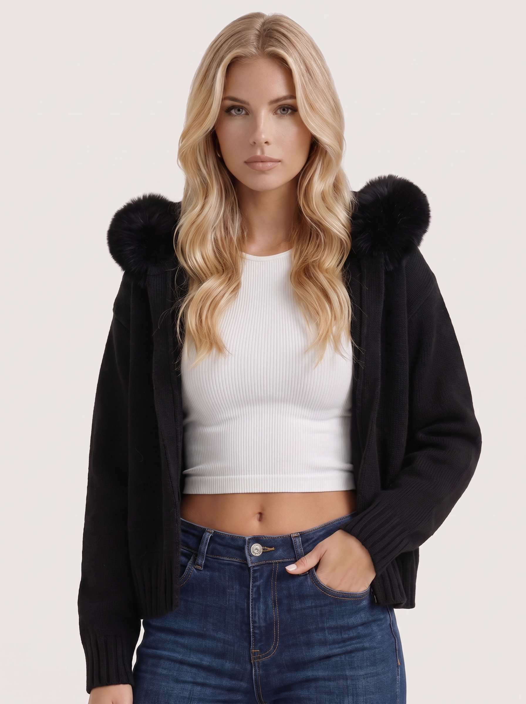 Women black hooded rib knit cardigan with faux fur pompom ties and open front, front detail