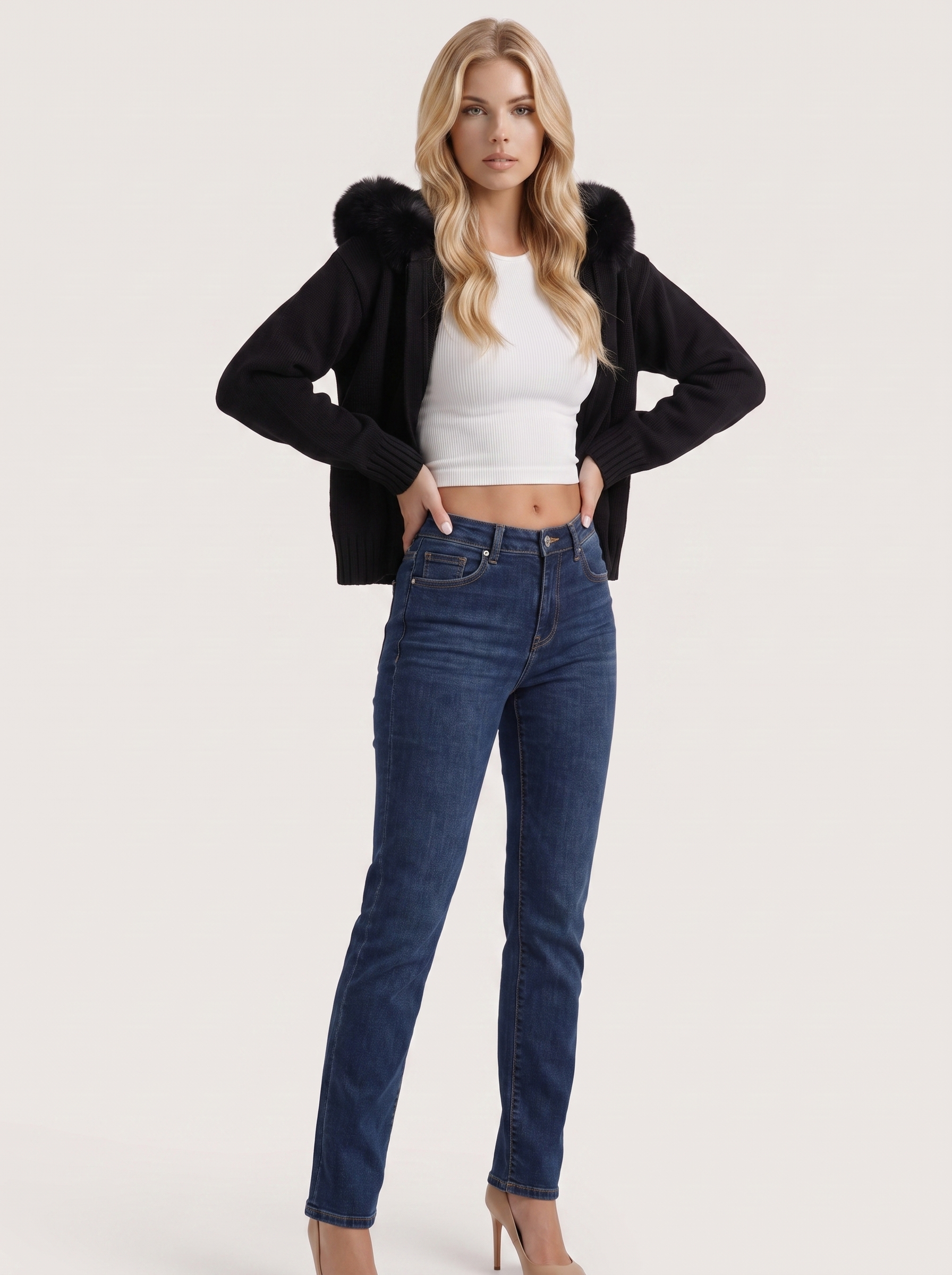 Women black hooded rib knit cardigan with faux fur pompom ties and open front, three quarter view