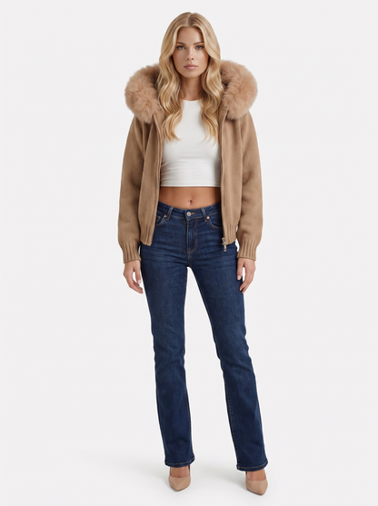 Women brown hooded rib knit cardigan with faux fur pompom ties and open front, front view