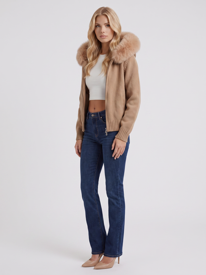 Women brown hooded rib knit cardigan with faux fur pompom ties and open front, three quarter view