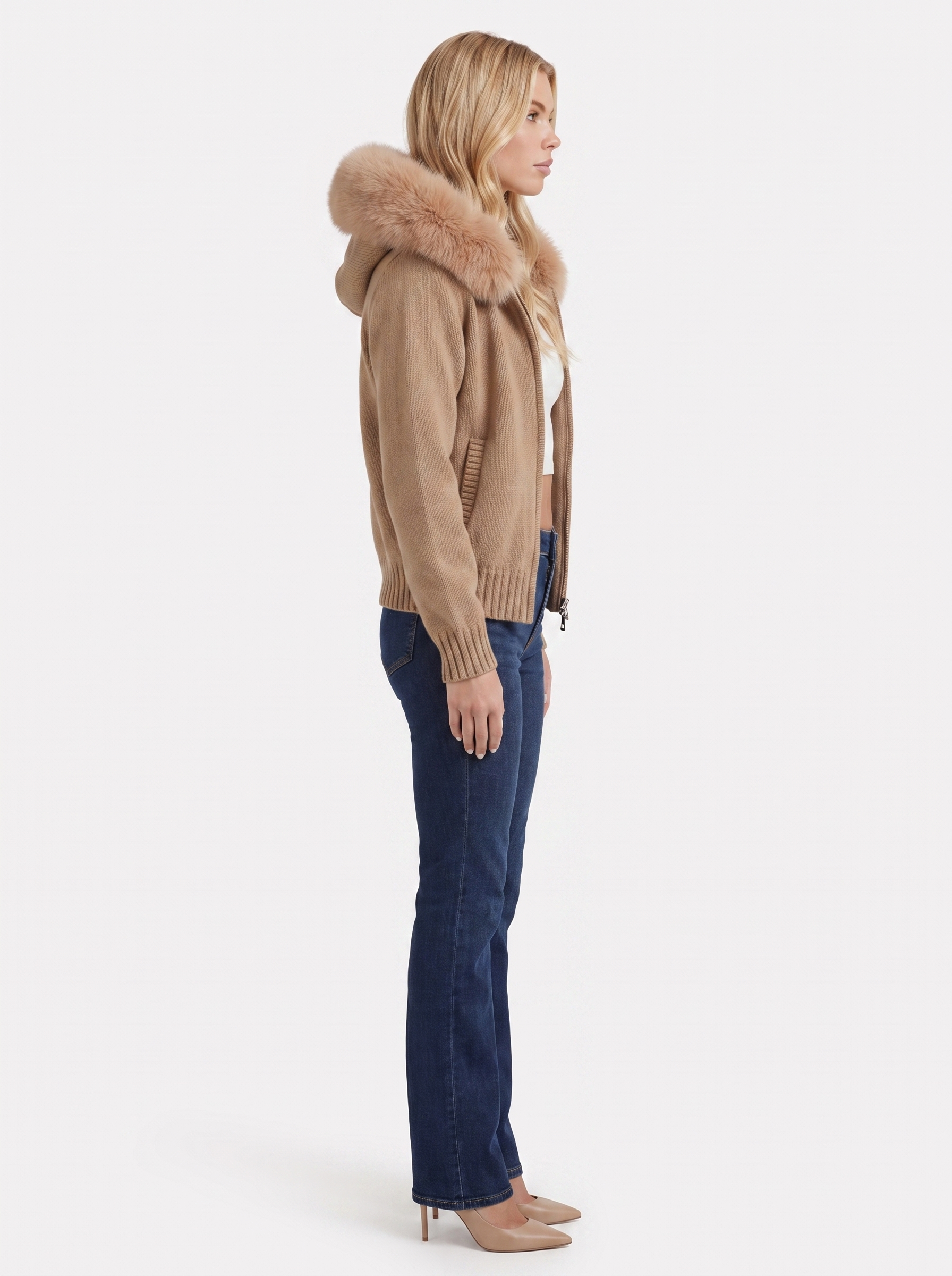 Women brown hooded rib knit cardigan with faux fur pompom ties and open front, side view
