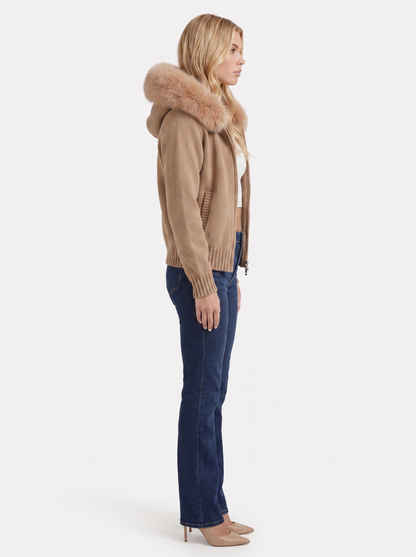 Women brown hooded rib knit cardigan with faux fur pompom ties and open front, side view
