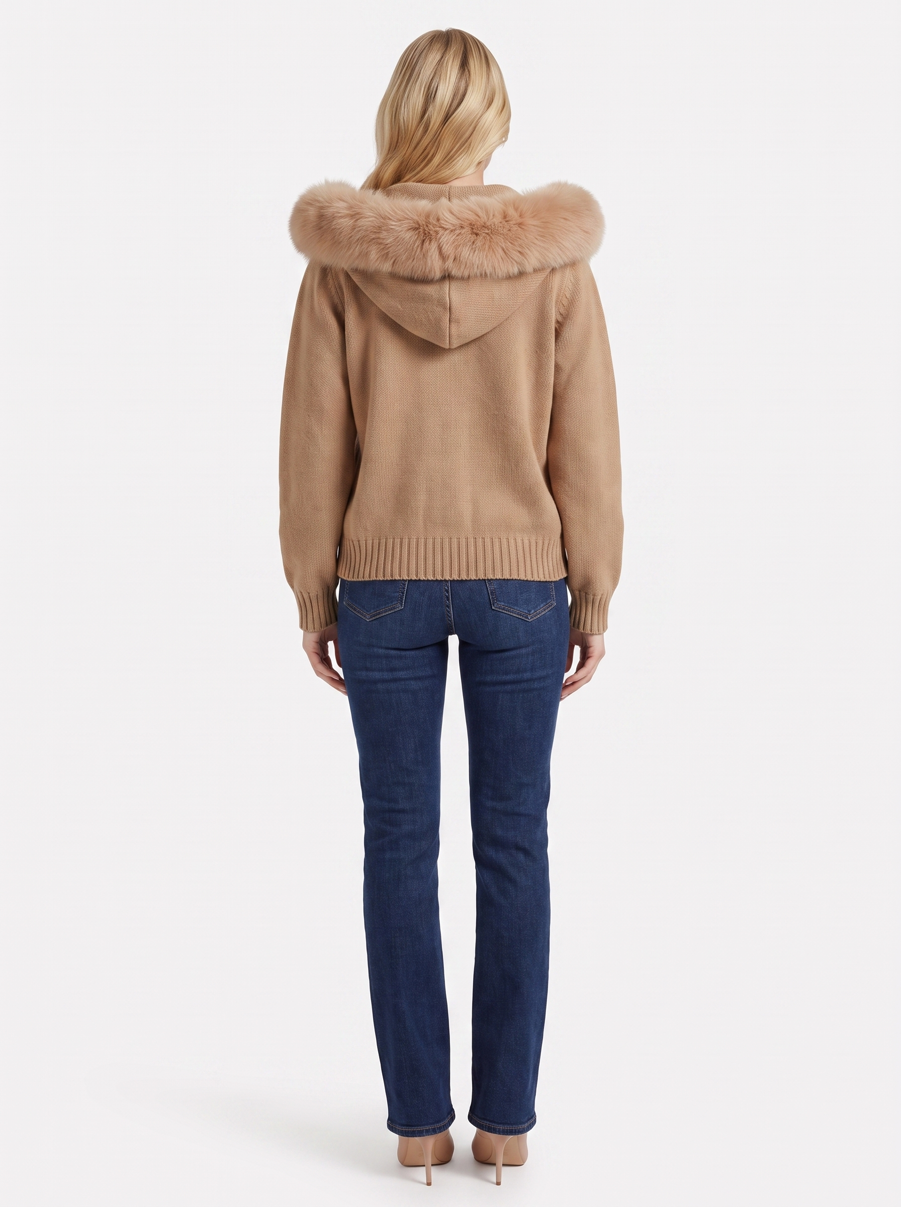 Women brown hooded rib knit cardigan with faux fur pompom ties and open front, back view