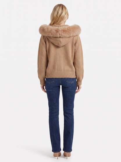 Women brown hooded rib knit cardigan with faux fur pompom ties and open front, back view