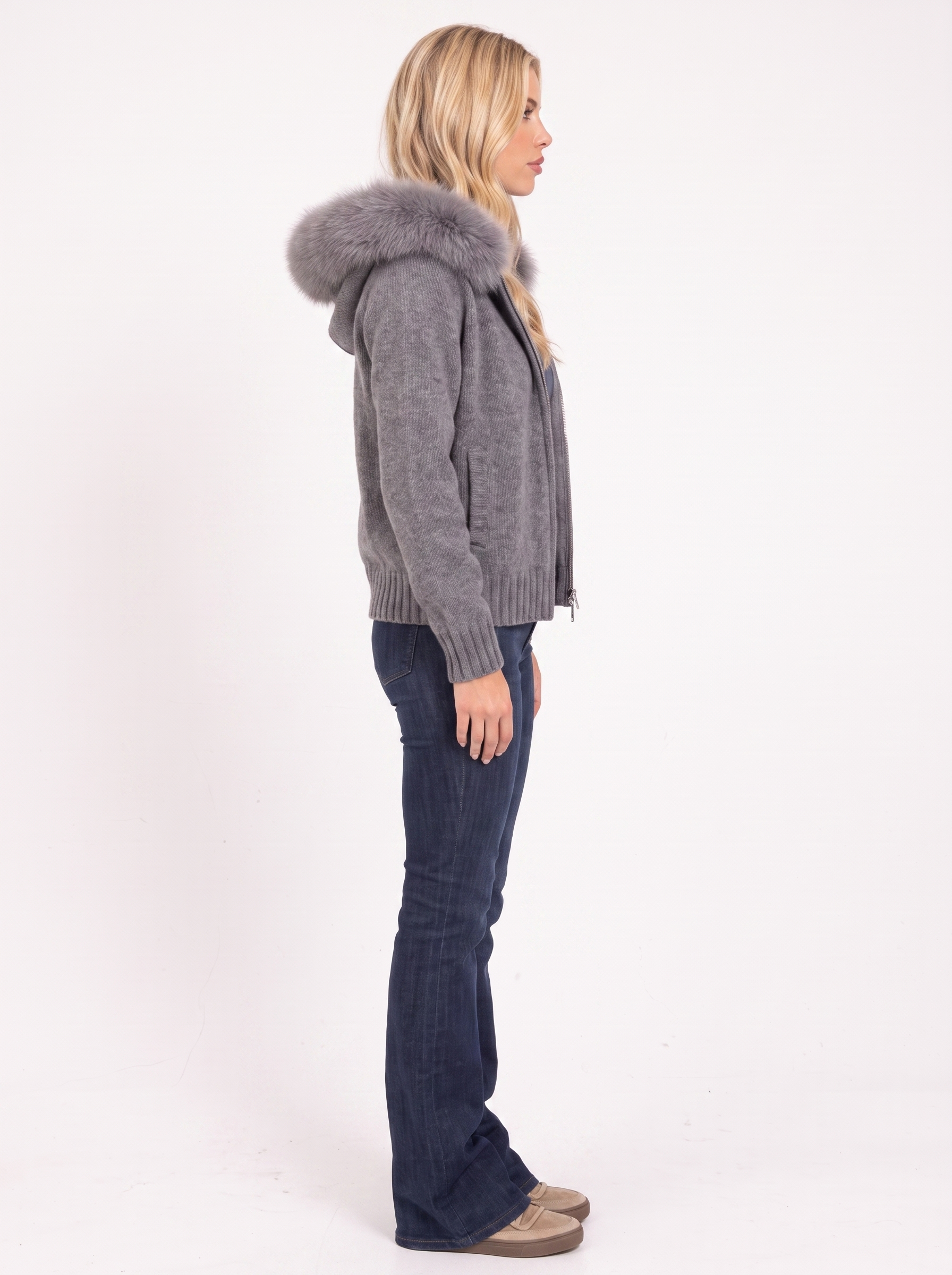 Women gray hooded rib knit cardigan with faux fur pompom ties and open front, side view