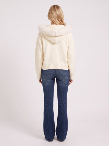Women white hooded rib knit cardigan with faux fur pompom ties and open front, back view