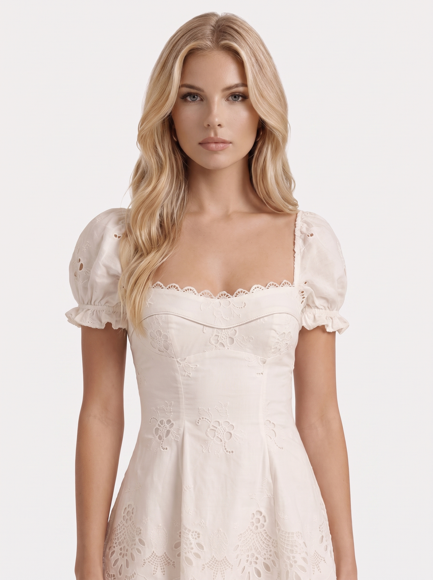 Women white eyelet mini dress with puff sleeves and scalloped hem