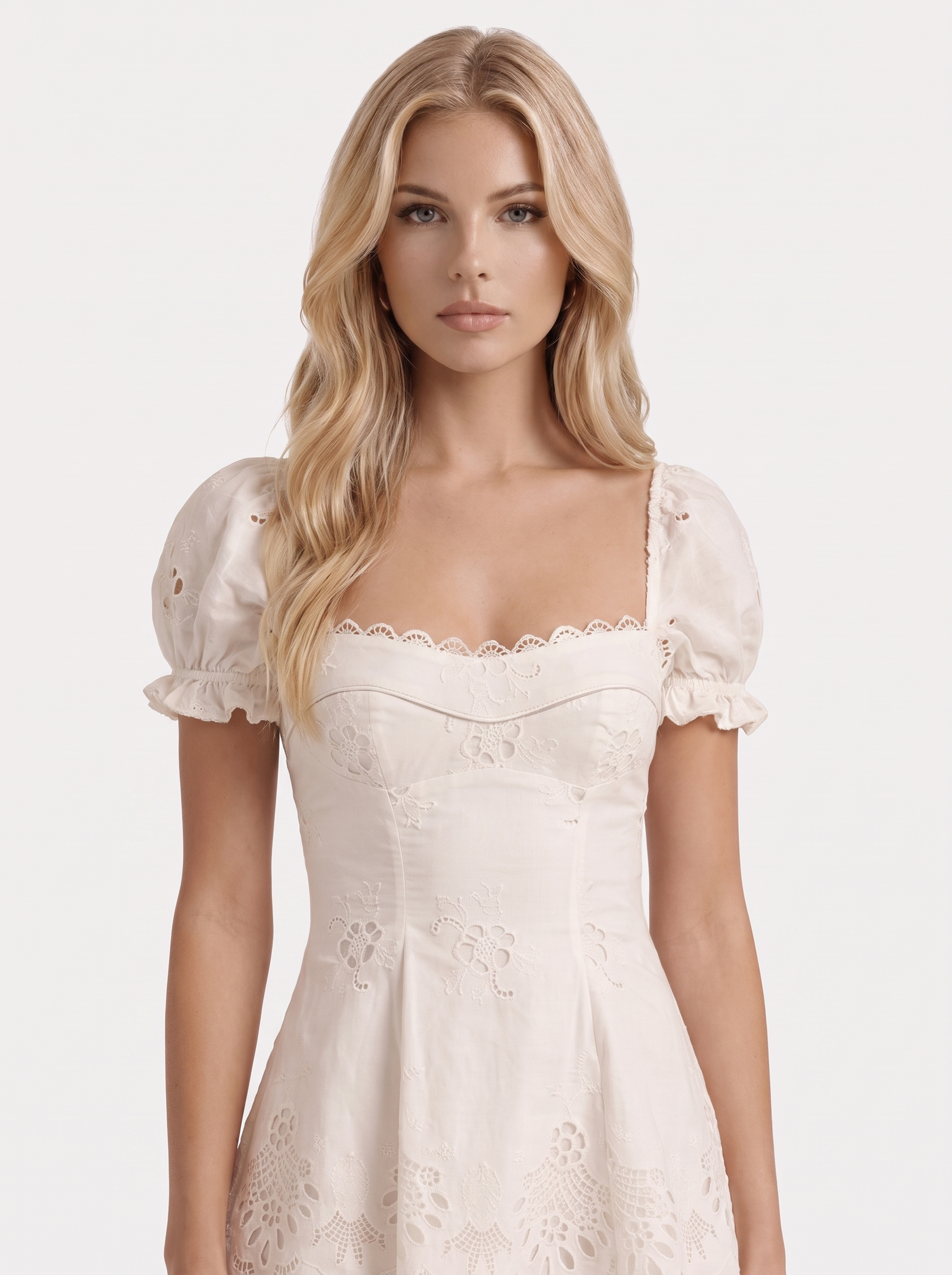 Women white eyelet mini dress with puff sleeves and scalloped hem