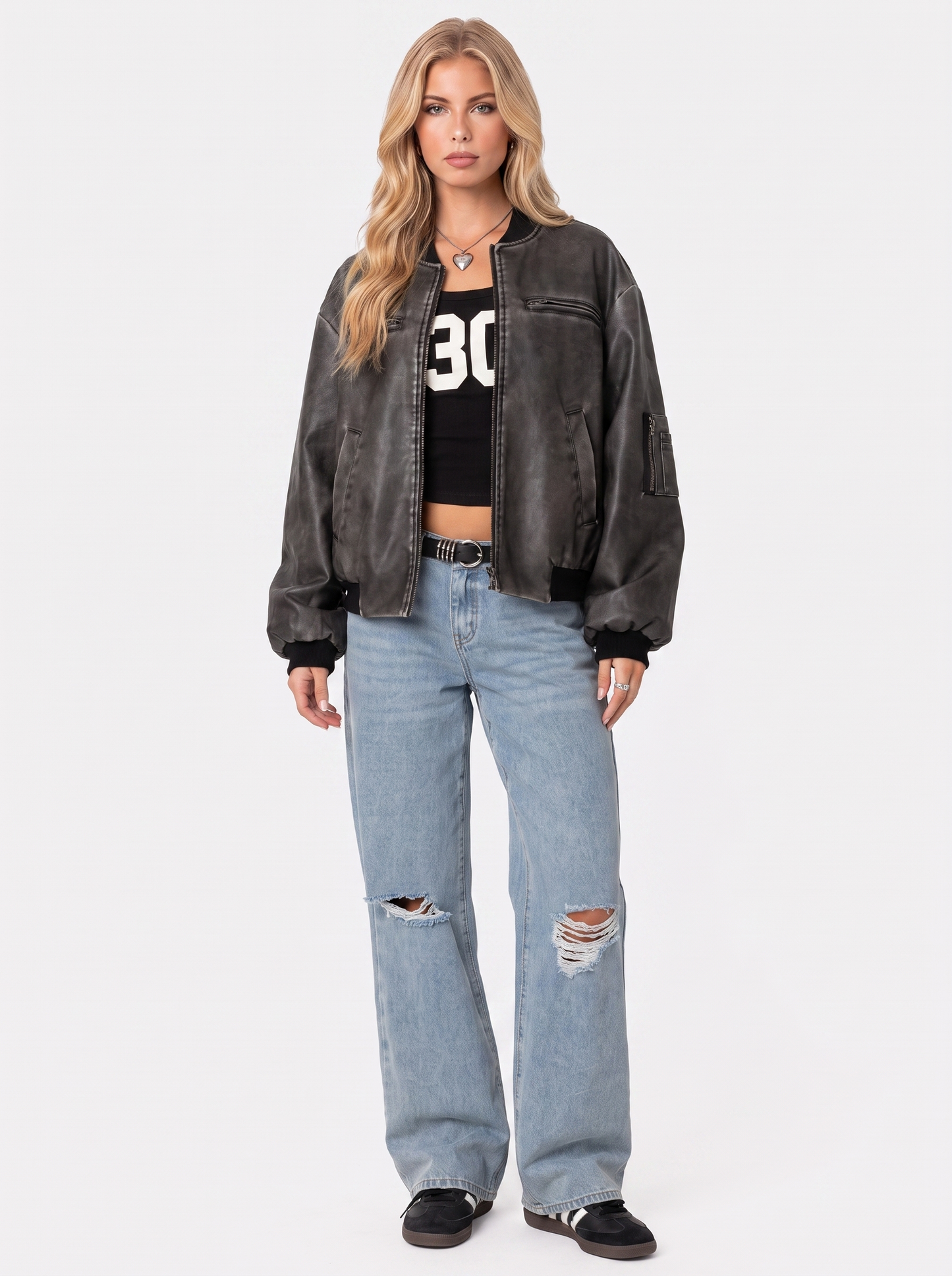Women gray oversized washed faux leather bomber jacket with zip and utility pockets, front view