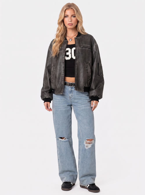 Women gray oversized washed faux leather bomber jacket with zip and utility pockets, front view