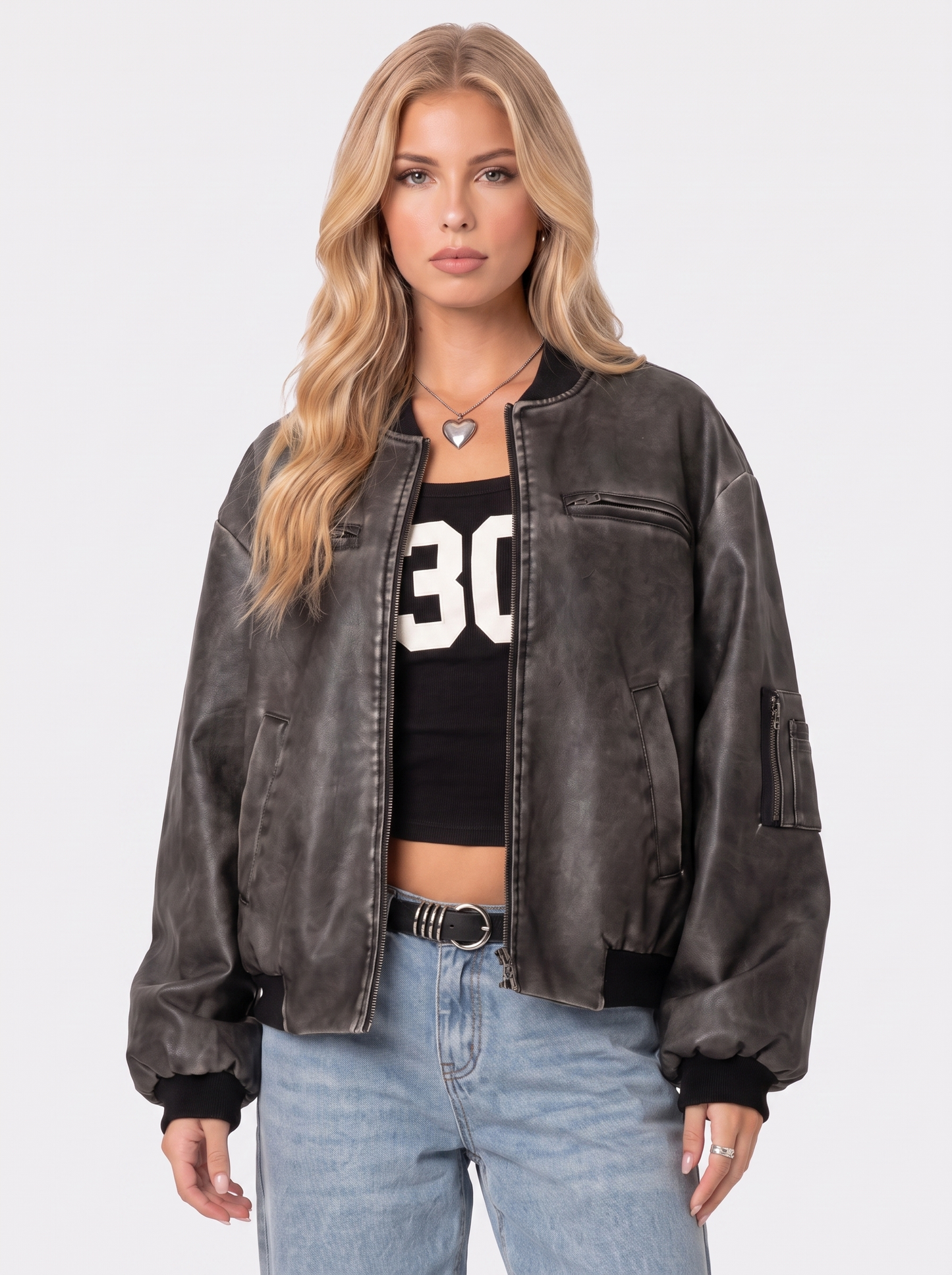 Women gray oversized washed faux leather bomber jacket with zip and utility pockets, front detail