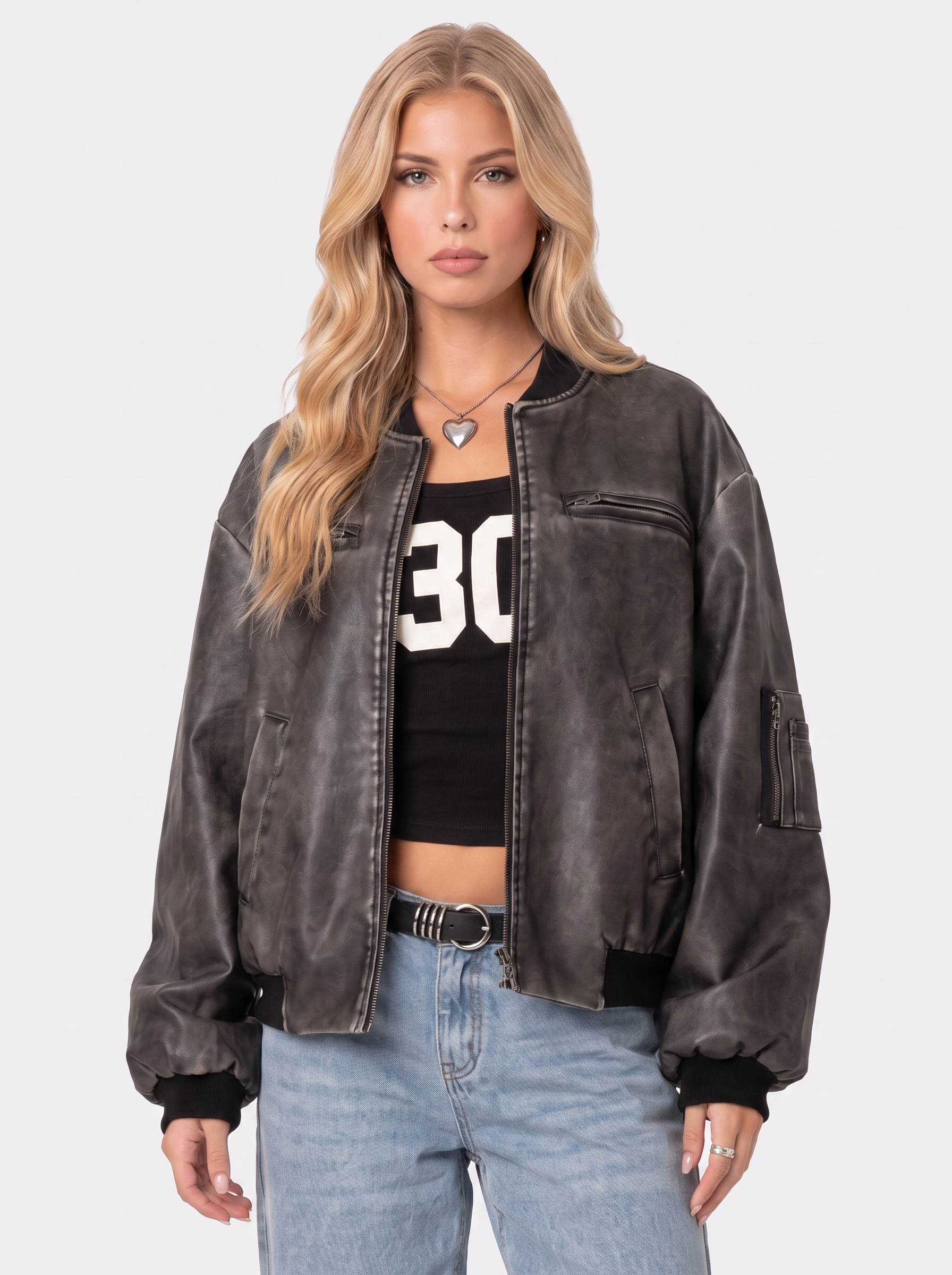 Women gray oversized washed faux leather bomber jacket with zip and utility pockets, front detail