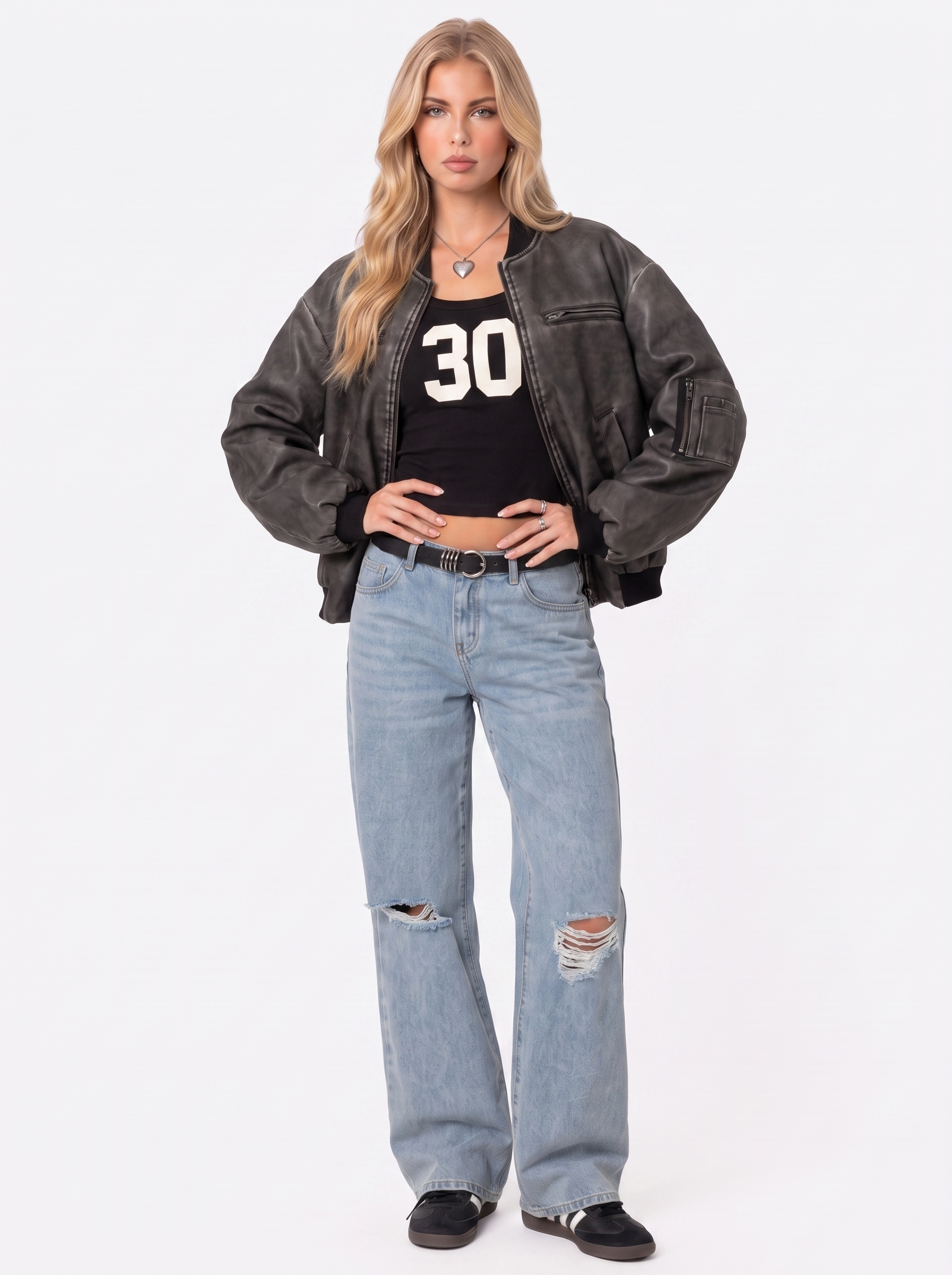 Women gray oversized washed faux leather bomber jacket with zip and utility pockets, three quarter view