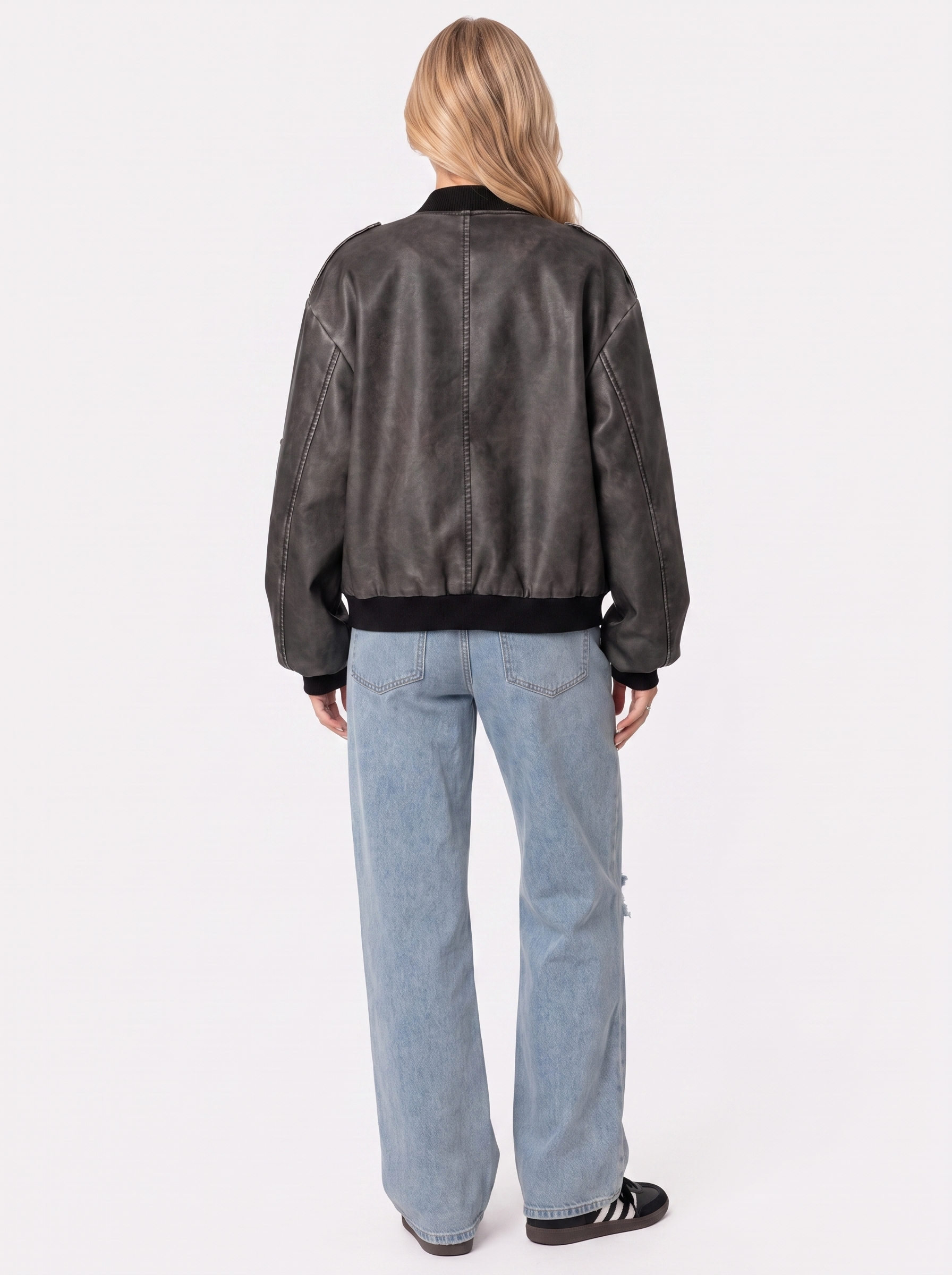 Women gray oversized washed faux leather bomber jacket with zip and utility pockets, back view