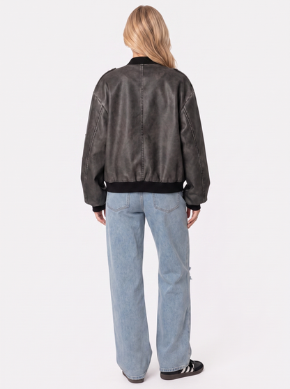 Women gray oversized washed faux leather bomber jacket with zip and utility pockets, back view