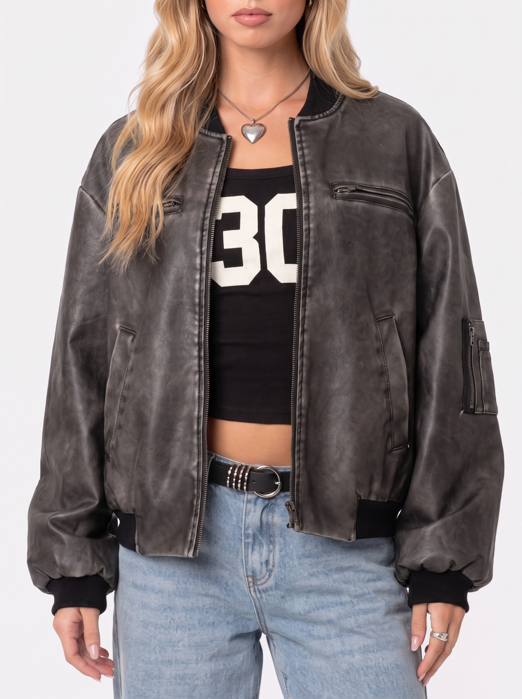 Women gray oversized washed faux leather bomber jacket with zip and utility pockets, fabric closeup