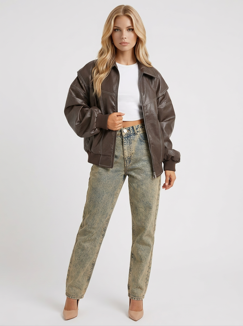 Women brown oversized distressed faux leather bomber jacket with contrast topstitching, front view