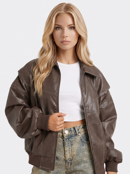 Women brown oversized distressed faux leather bomber jacket with contrast topstitching, front detail