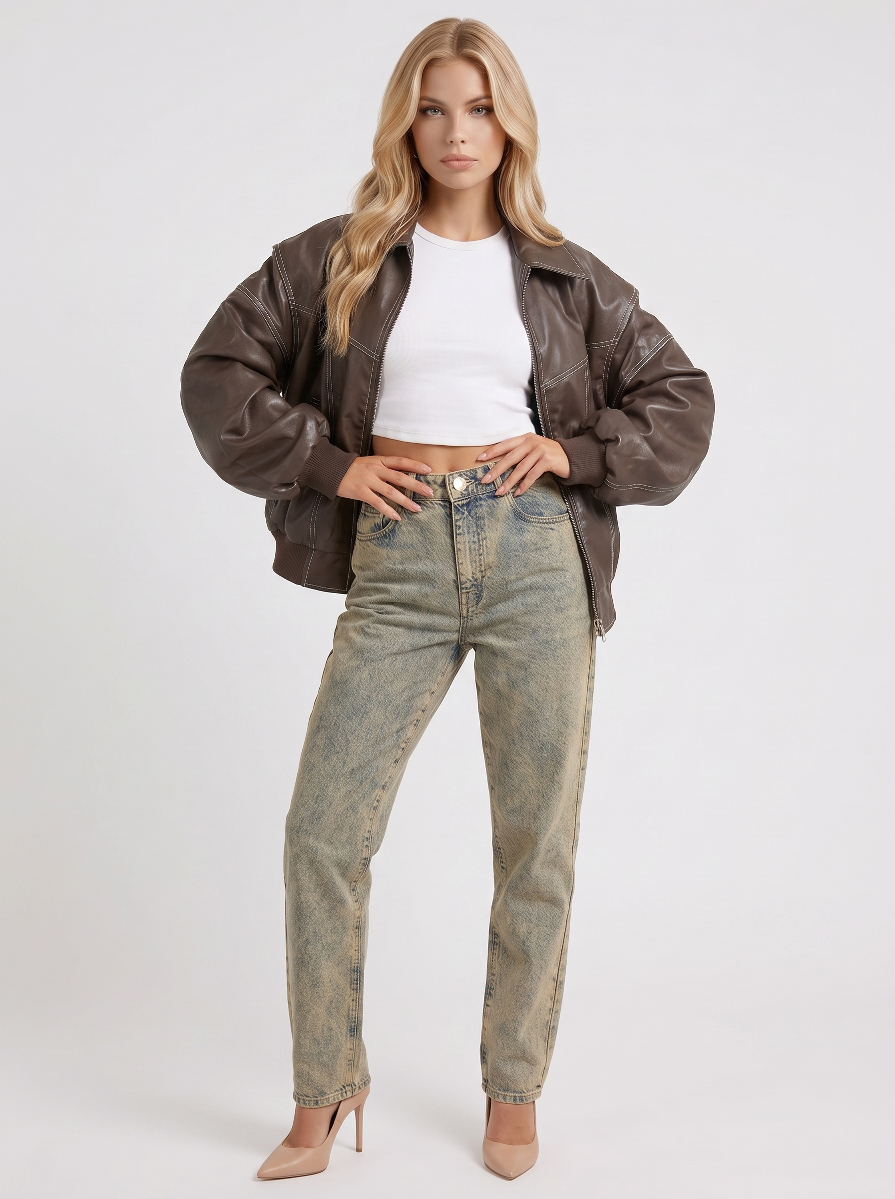 Women brown oversized distressed faux leather bomber jacket with contrast topstitching, three quarter view